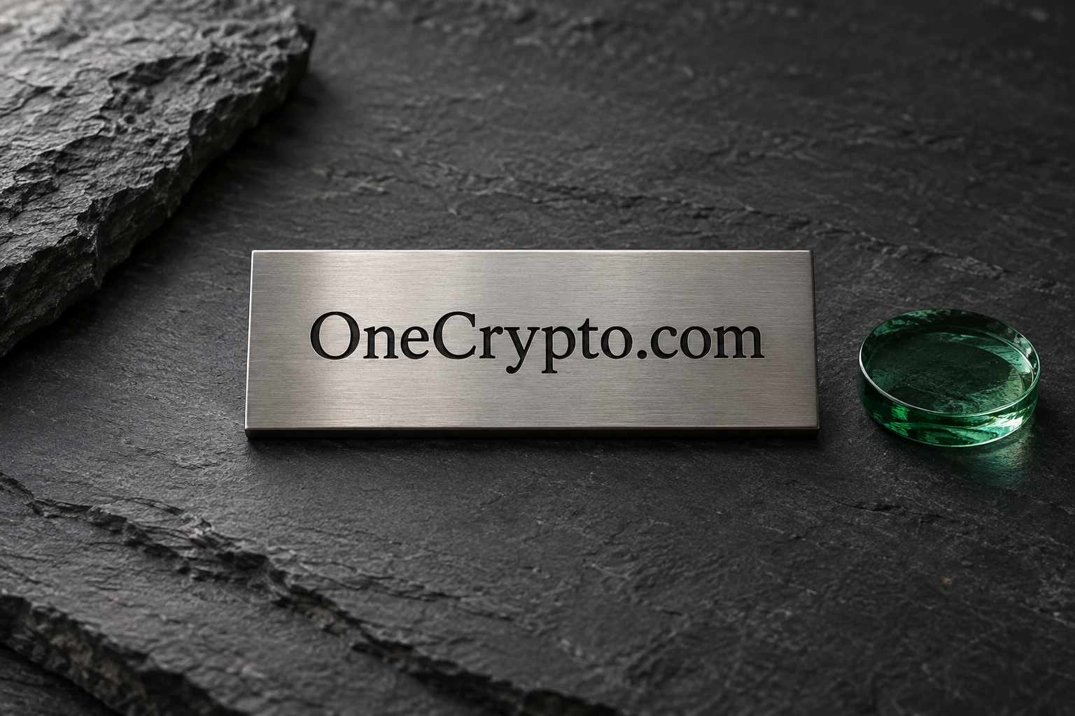 OneCrypto.com integrated into a tactile graphite and silver still life